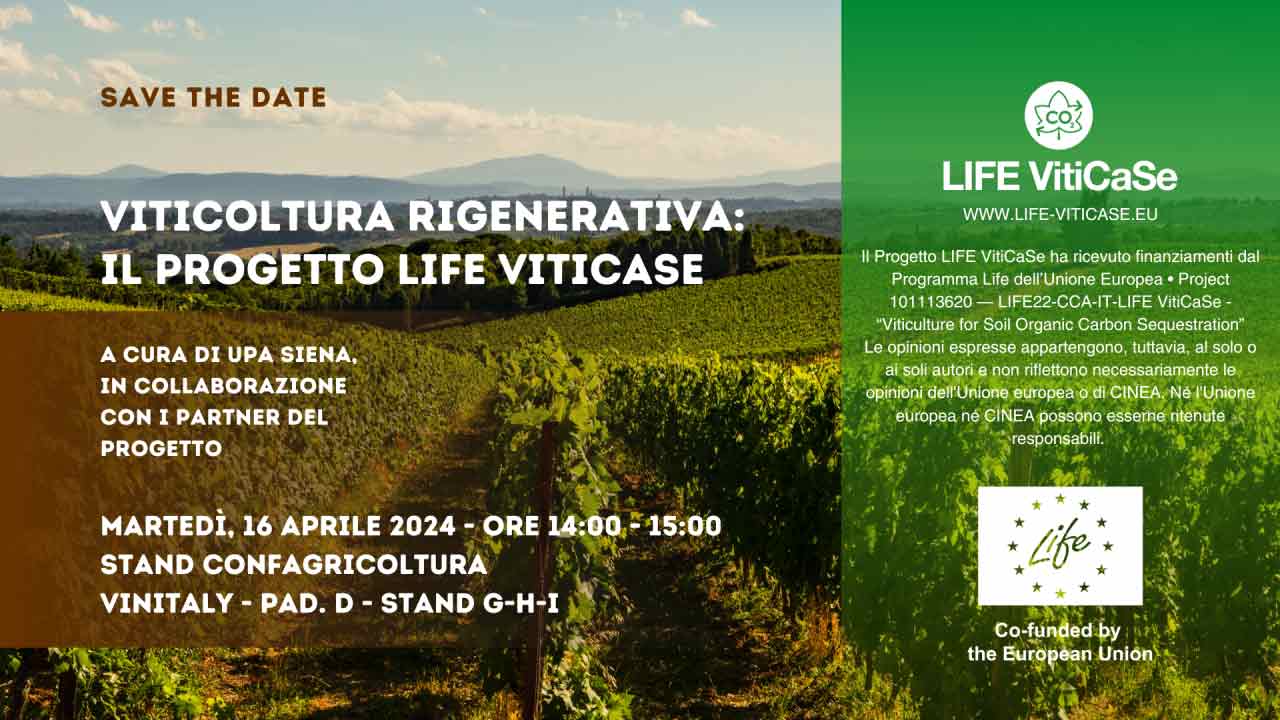 Un vigneto con il logo di Life VitiCaSe per invitare alla presentazione del white paper sulla viticoltura rigenerativa tenutasi il 16 aprile a Vinitaly